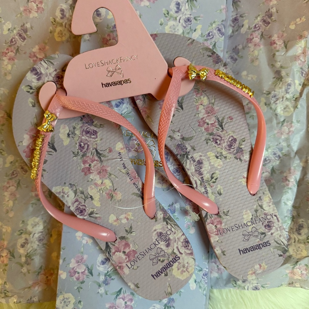 LoveShackFancy Havaianas Flip Flop Purple Beige Lavender Floral 5 6 36